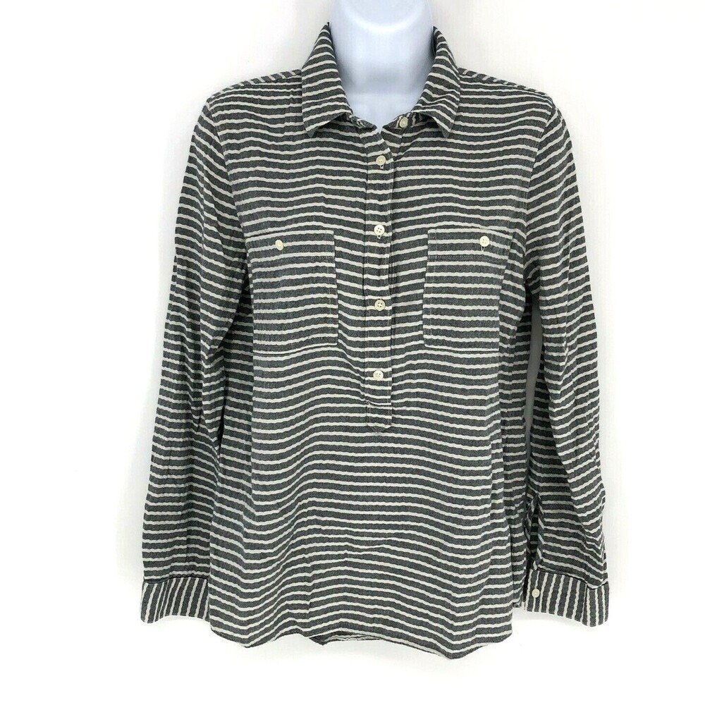 Madewell Beloved Slip It On Smart Casual Grey Stripe Pop Over top 1/2 Button SM